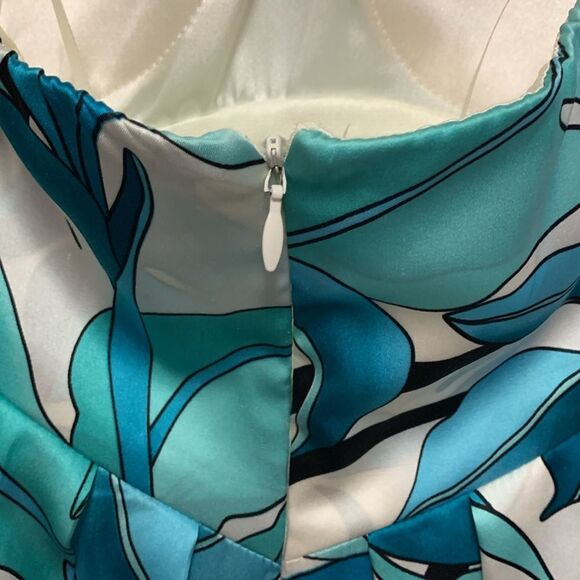 Cache Turquoise Off White Silk Tropical Leaf Pattern Strapless Mini Dress Size 2 - Picture 9 of 13